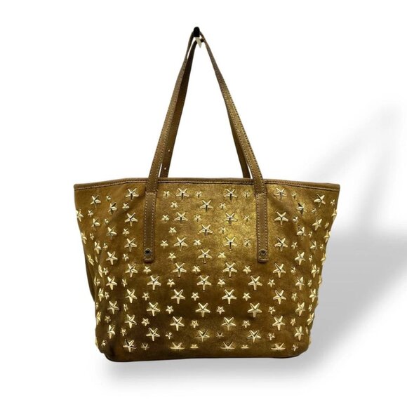 JIMMY CHOO Sasha S Studded Tote Bag Beige Gold Leather Handbag - Picture 3 of 9